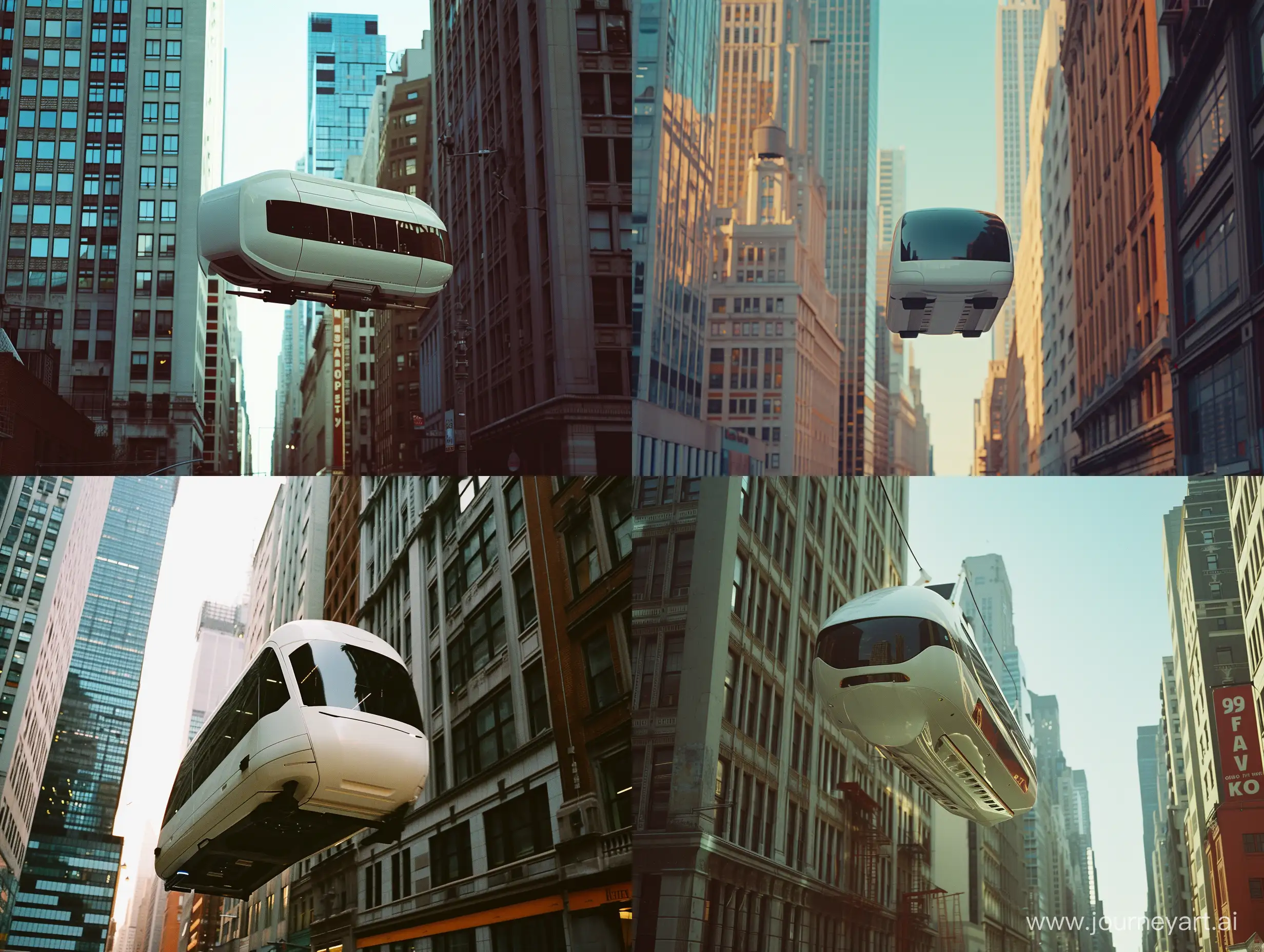 A photo of a white sci-fi electric autonomous bus vehicle zooming through the air, 4k, photography, documentary photograph captured with Kodak Gold 200 film, showcasing the natural lighting and bustling city environment. raw photo, featuring architectural elements, skyscrapers, and the cityscape of new york. multiple view angles