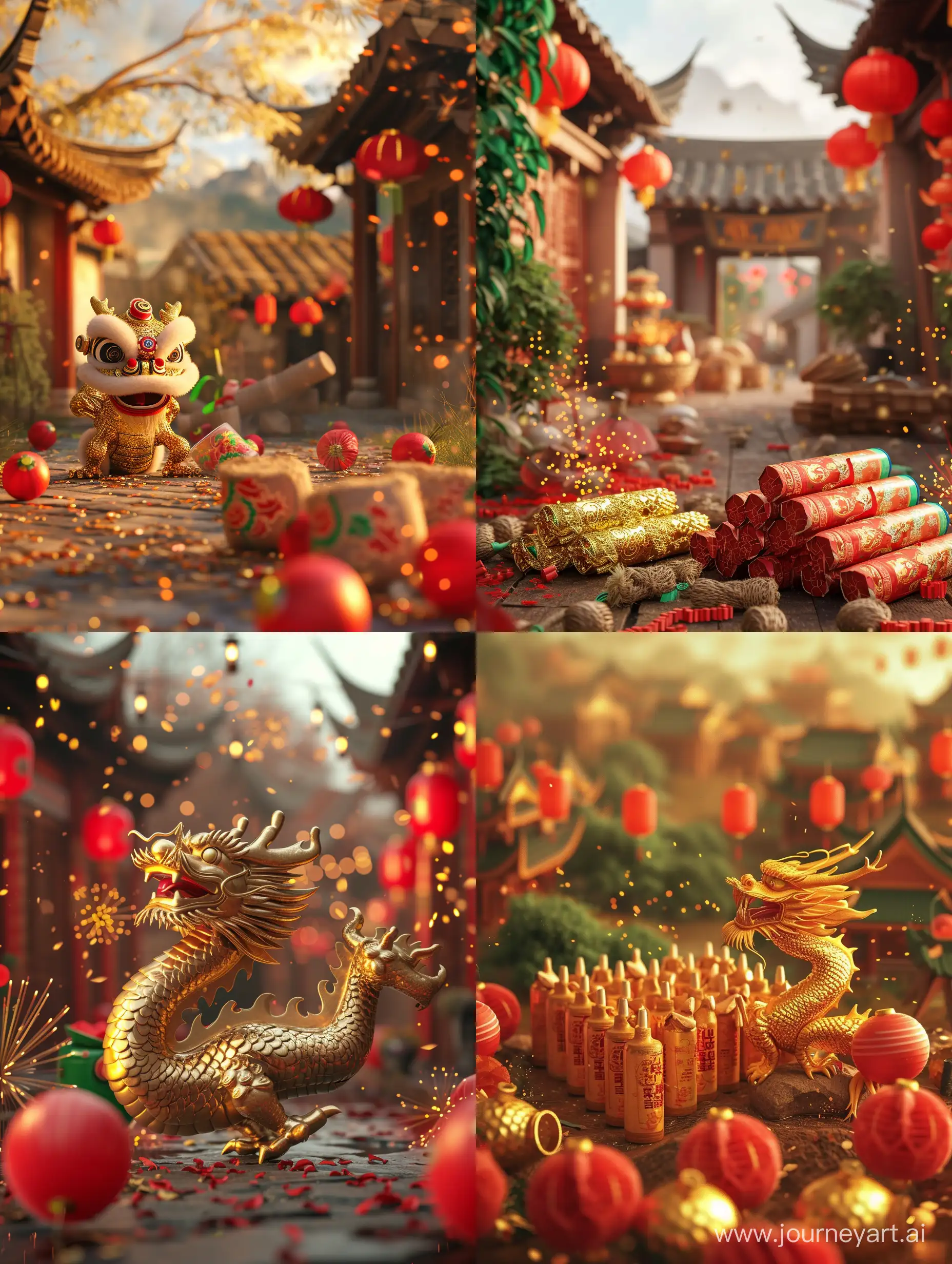 (中国神话里面的金龙形象),（祥和可爱）, (Lunar New Year celebration), (Firecrackers), (Red lanterns), (Joyful atmosphere), (Traditional Asian village), (Nelson Wu), (Red), (Gold), (Green), (High precision), (Medium shot).