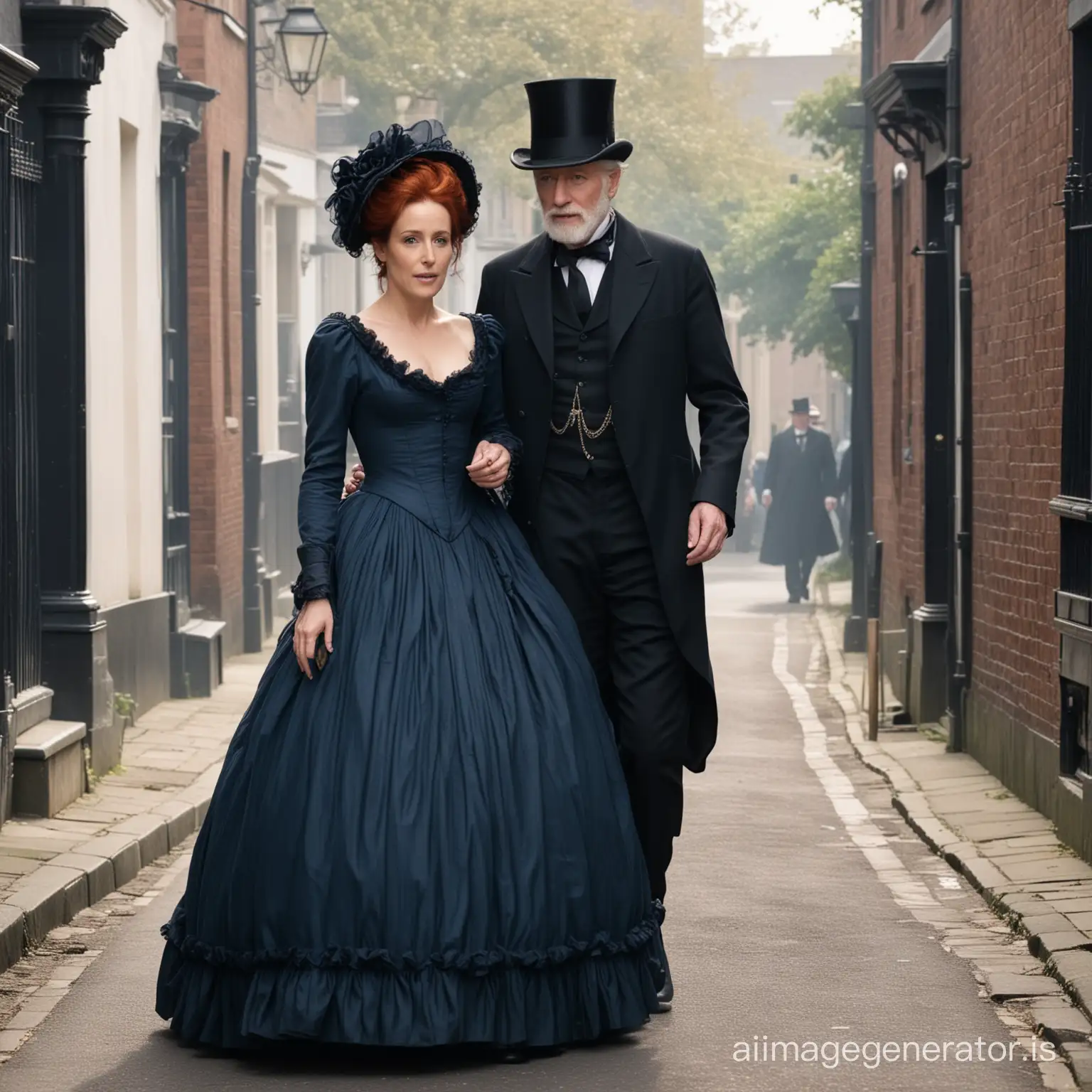 Victorian-Bride-Walking-with-Groom-on-19th-Century-Street
