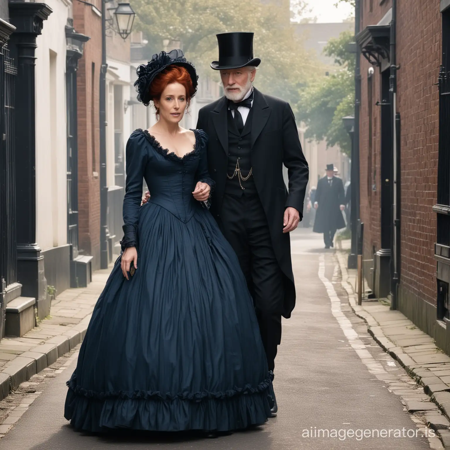 red hair Gillian Anderson wearing a dark blue floor-length loose billowing 1860 Victorian crinoline poofy dress with a frilly bonnet walking on a Victorian era street with an old man dressed into a black Victorian suit who seems to be her newlywed husband