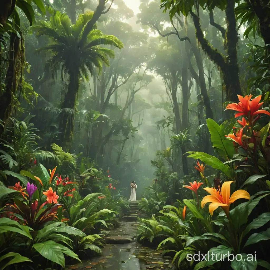 Generate a lush tropical rainforest with towering trees, exotic flowers, and a gentle mist drifting through the canopy also show a romantic couple in the midst