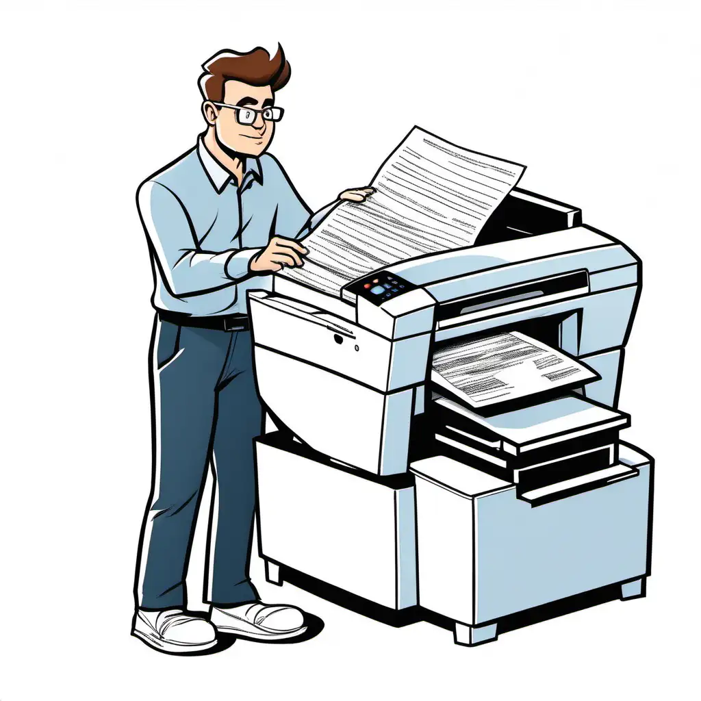 мультфильм, мужчина делает копию документов с принтера, всё на белом фоне