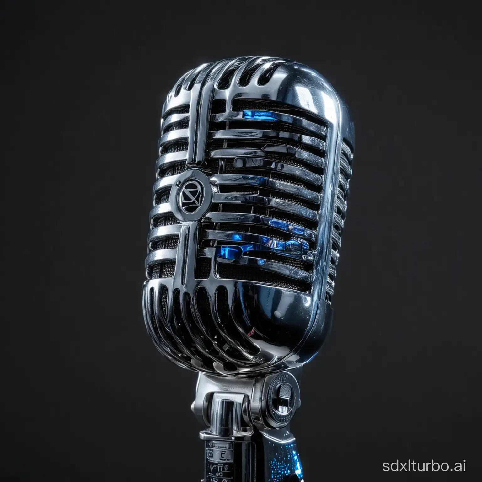 real silver singer microphone, black background, blue reflection on the microphone, 