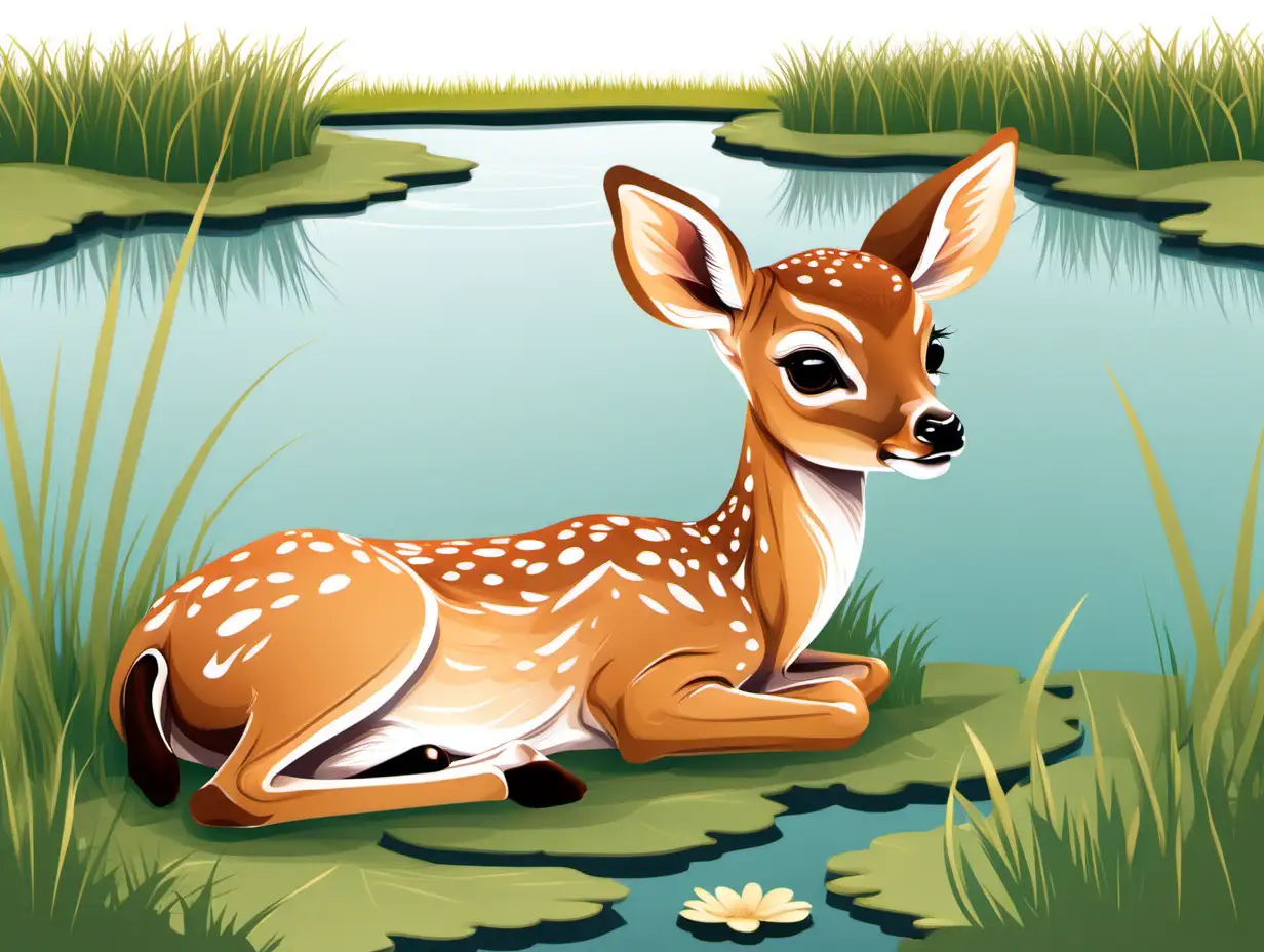 Illustration of a fawn small deer laying in the grass looking out over a pond
