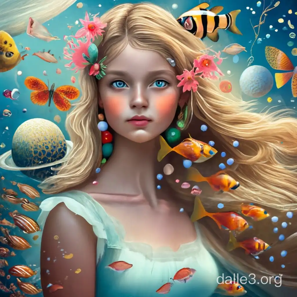 Realistic beautiful girl, a girl with long blond hair, many fish and butterflies and flowers in her hair, planets in the sky, a dress very enchanting and long with diamonds and corals, gold and silver, sea, gold fish swimming around the little boy, horses, birds with wide wings beautiful