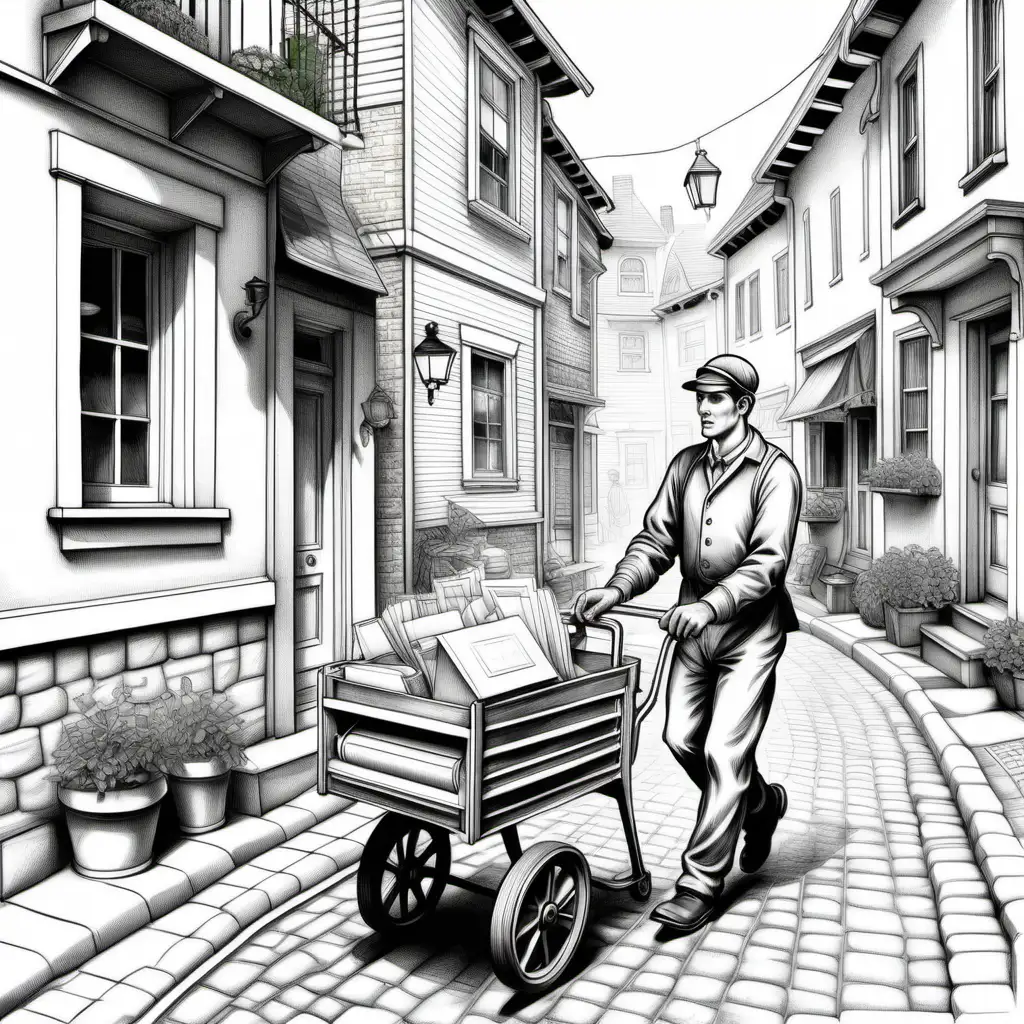 realistic coloring book for adults, ultra light pencil hand drawing illustration, with great realistic details, flawless line art, 25 year old mailman with cap pushes a mail cart along a cobbled street. 19 century small town, old houses with tavernas and craftsmans workshops on 1st floors, some peoples in 19 century clothes walking at the street