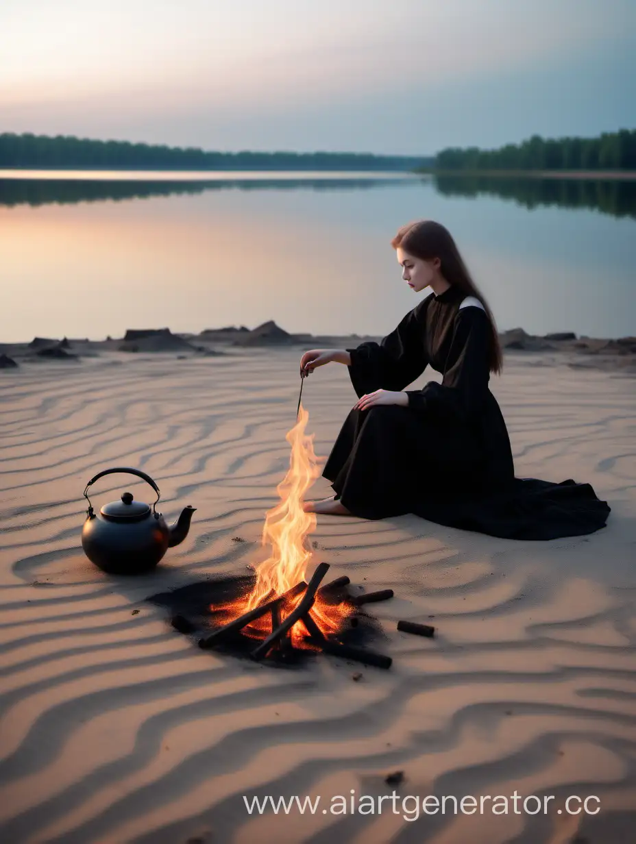 Девушка в длинных чёрных одеждах сидит на песчаном берегу озера, уходящего за горизонт, рядом горит костёр, на нём греется чайник