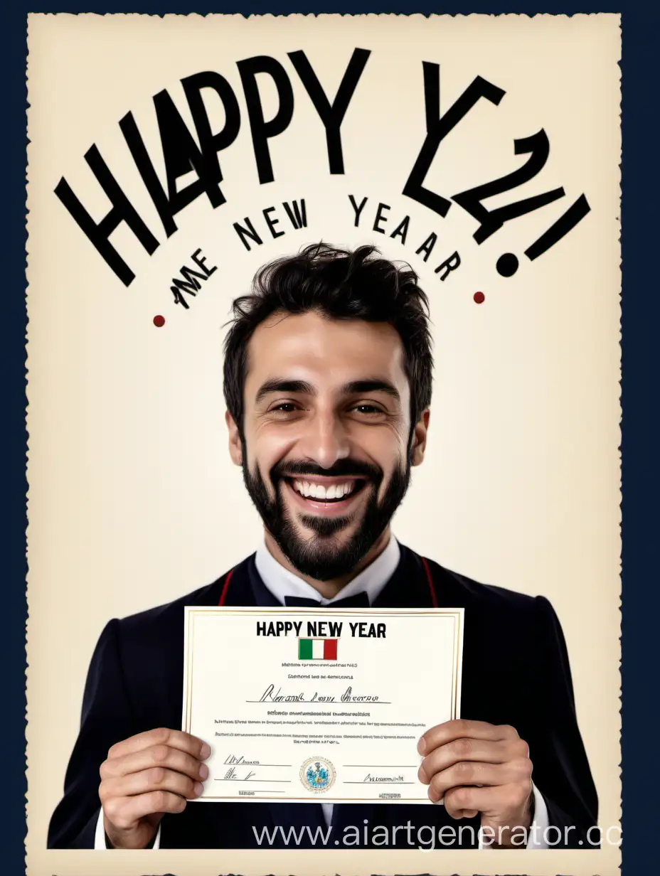 улабыющийся мужчина итальянсокй внешности с небольшоу бородкой перед собой на вытянутых руках держит грамоту на которой слова "с новым годом 24"
