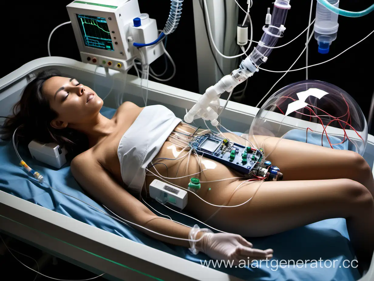 Woman lying down in a pod filled with transparent fluid. She is connected to an EKG with sensors and wires on her chest. A catheter tube is inserted between her legs and connects to a bottle at her feet filled with urine.