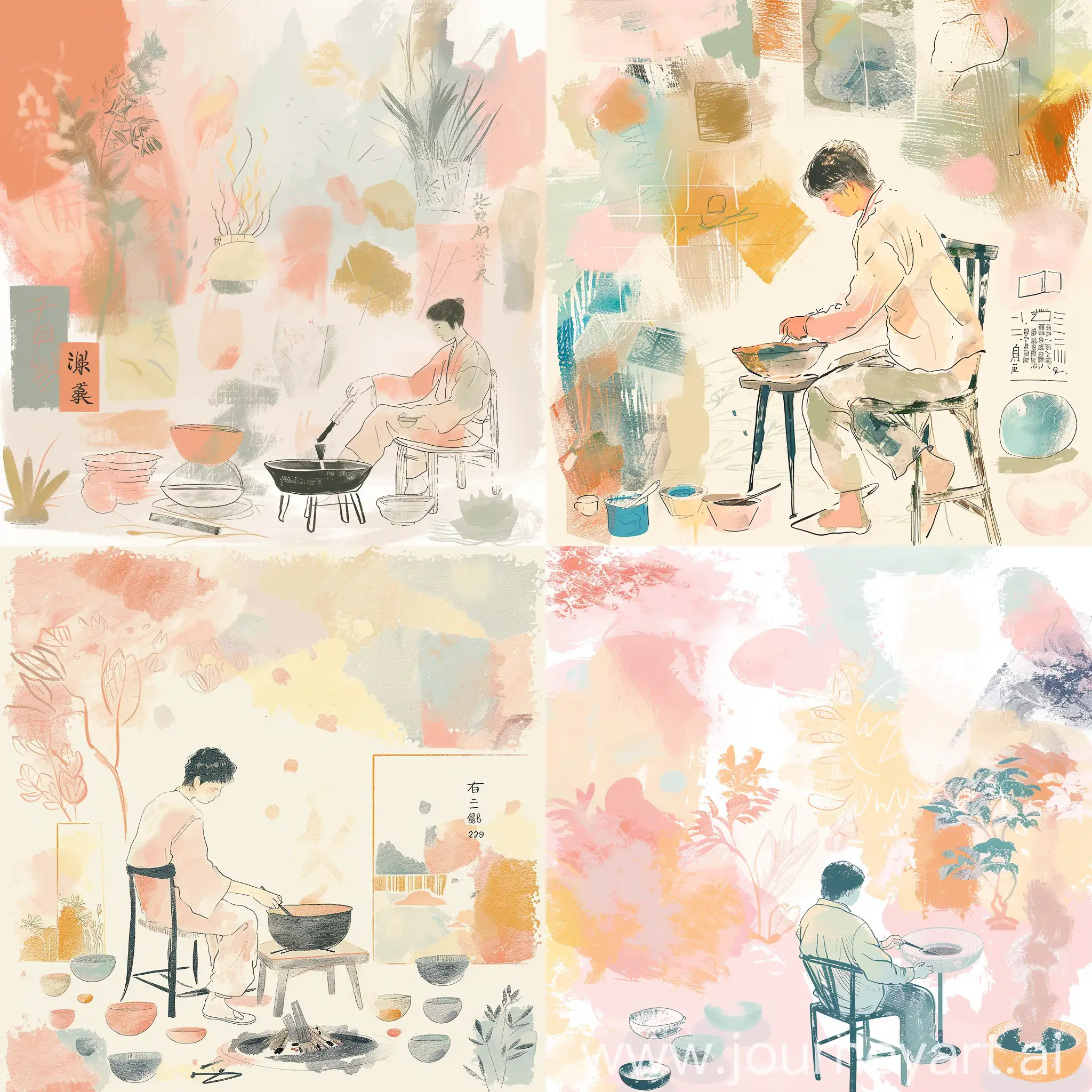 Sketch of a ((Japanese man)) in soft pastel colors, sitting on a chair, hard at work making a bowl. There is a (charcoal) (brazier) in which he is making and various bowl shapes in the style of bowl work. The background is a variety of oil and watercolor paintings in the style of Matisse , a peaceful scene of creative expression. Simple lines and flat colors, illustration, simplicity, Y2K