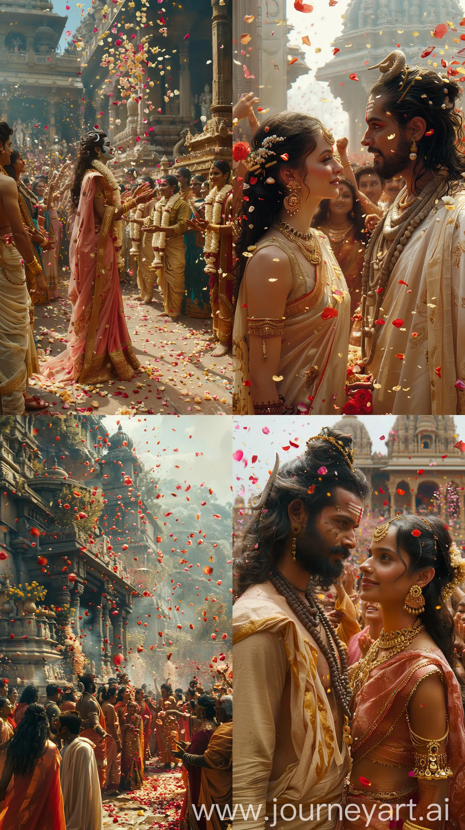 High detail IMAX HD image of Lavish wedding ceremony of Hindu gods Lord Shiva and Goddess Parvati, celebrated during Maha Shivaratri, crowds of devotees tossing myriad rose petals and fragrant flowers from above, auspicious, vivid colors, intricate traditional Indian attire, ornate gold jewelry, grand temple backdrop, ancient mythological essence captured in a grandiose Rajasthani miniature painting style, detailed festive atmosphere, photojournalistic --aspect 9:16 --stylize 750 --chaos 15 --v 6