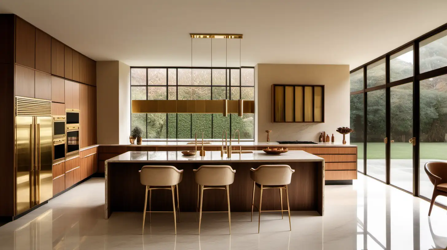 Midcentury Modern Palatial kitchen; large windows; beige, walnut wood and brass colour palette
