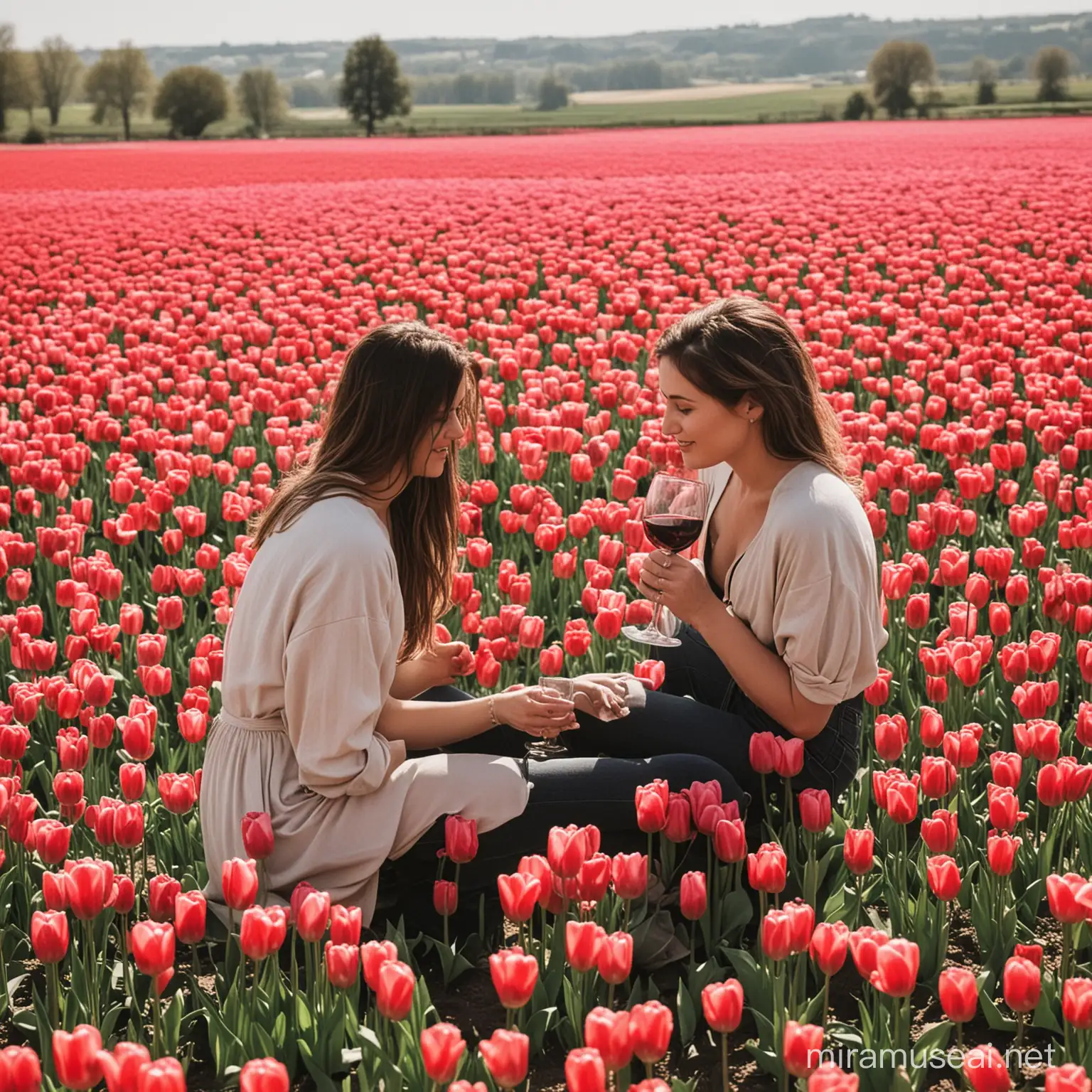 Make me a couple drinking wine against a field of tulips 