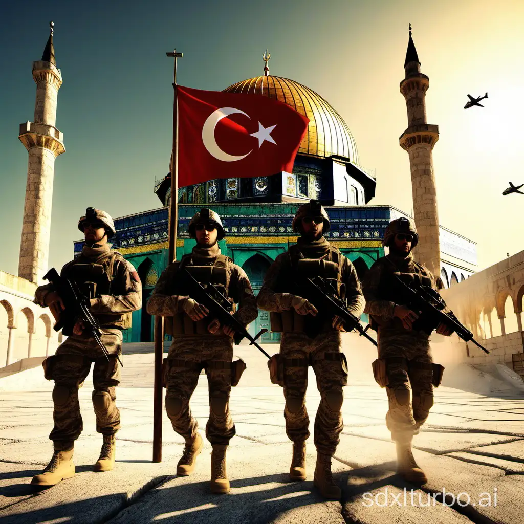 A stunning 3D render of a group of very strong Turkish Special Commando soldiers with maroon beret standing proudly behind the iconic Dome of the Rock. They are dressed in their tactical gear, holding their rifles, and hoisting only one Turkish flag high. İn the Air in the backround a TB-2 turkisch army drone and drones anThe Dome of the Rock is illuminated in a golden hue, casting a warm light on the soldiers. The background reveals a panoramic view of the city, with an atmosphere of strength and unity. The overall feel of the image is cinematic and patriotic, perfect for an inspiring poster., photo, cinematic, poster, 3d render
