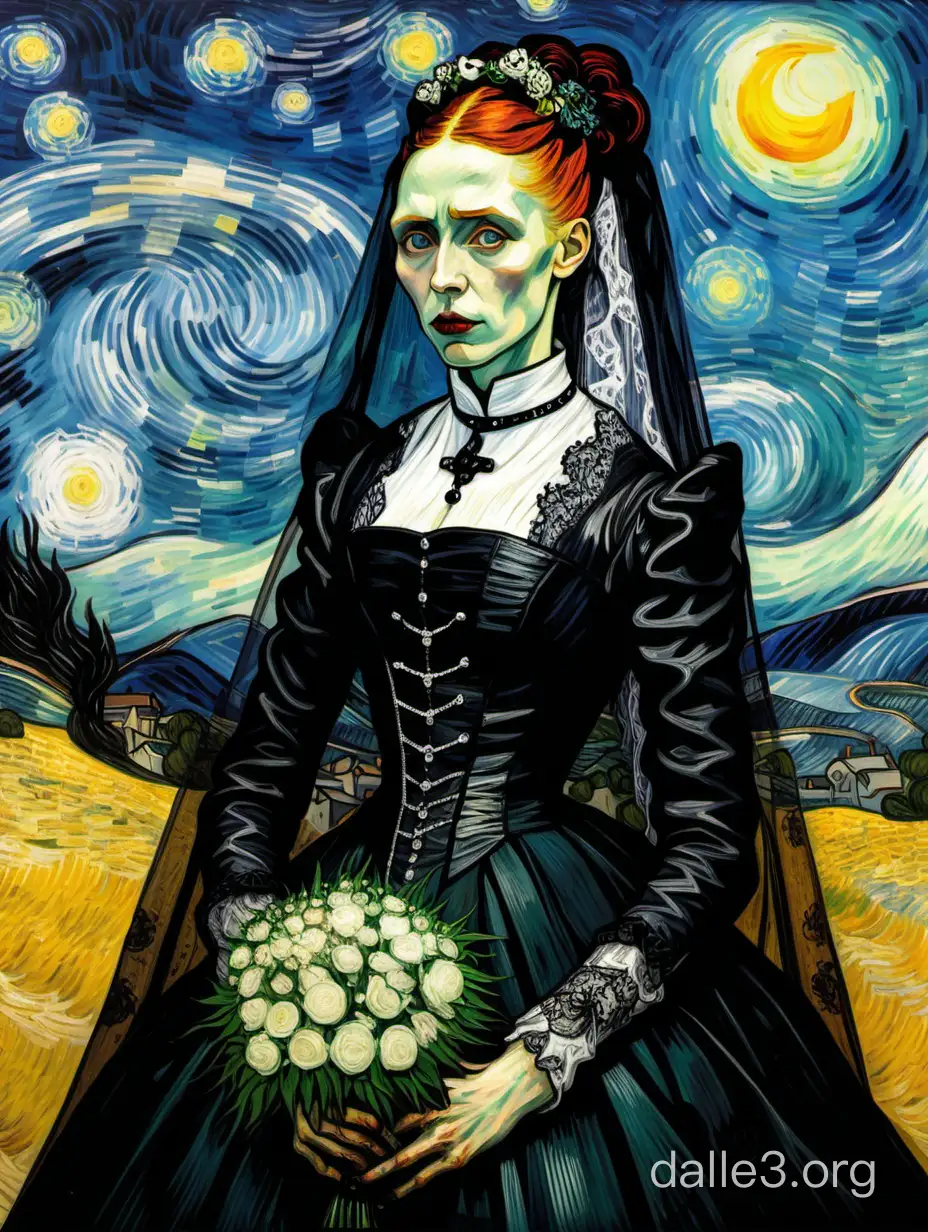 Van Gogh Style Portrait Romantic Goth Bride in Starry Night Setting ...