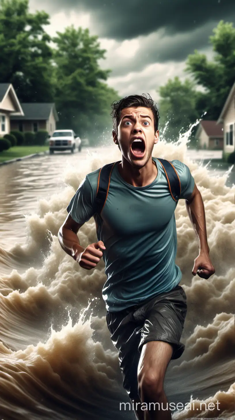 illustration of a young man running with his mouth open and his face scared because he is being chased by large flood waters behind him. The image quality is clear and good, HD and 3D