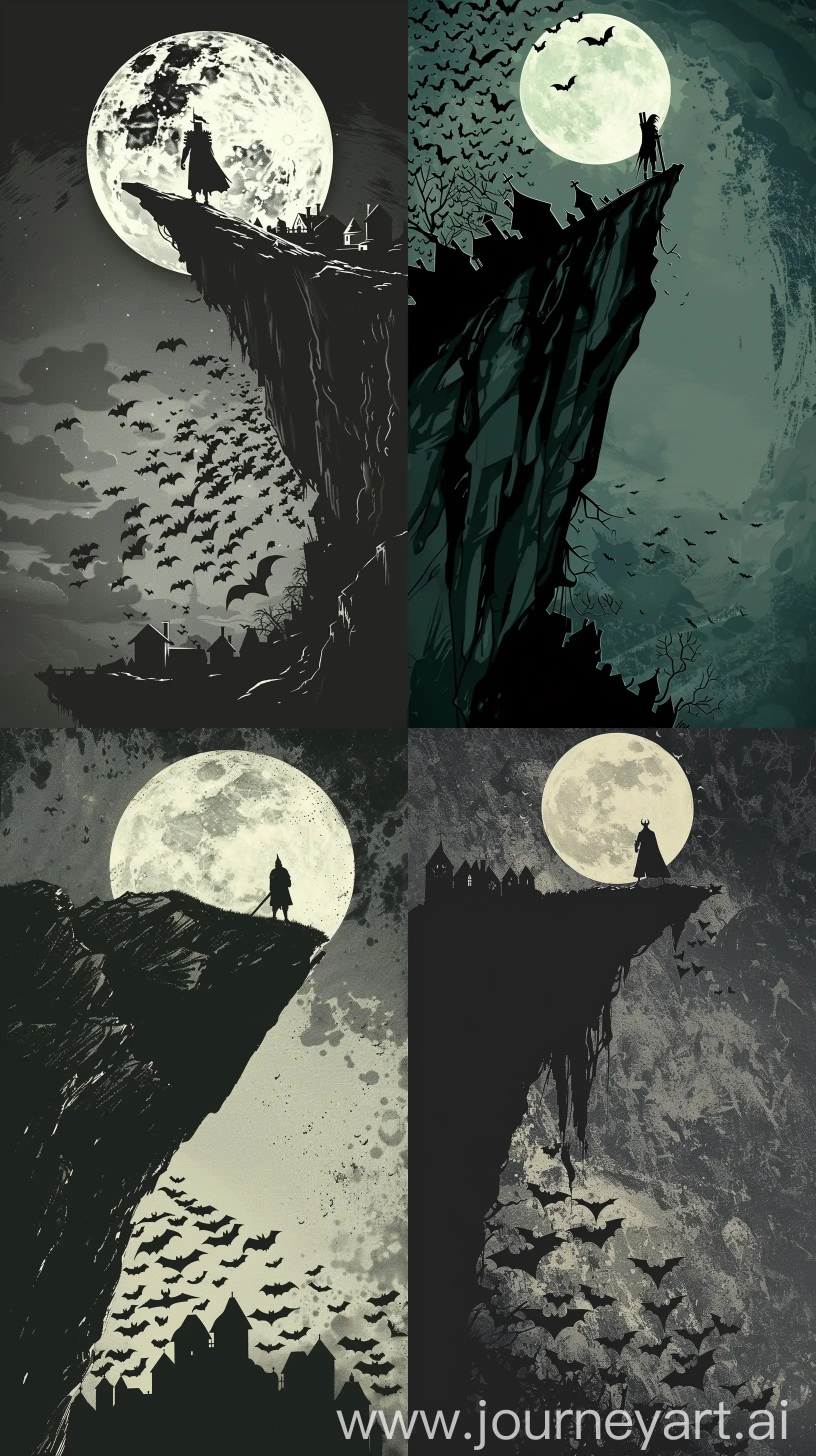 Imagine a phone wallpaper that captures the essence of Mike Mignola's gothic storytelling. A solitary knight stands at the edge of a cliff, overlooking a Mignola-esque haunted village. The moon is full, casting sharp shadows and illuminating the knight's silhouette, with a swarm of bats rising from the abyss below, creating a stark and powerful contrast. --ar 9:16