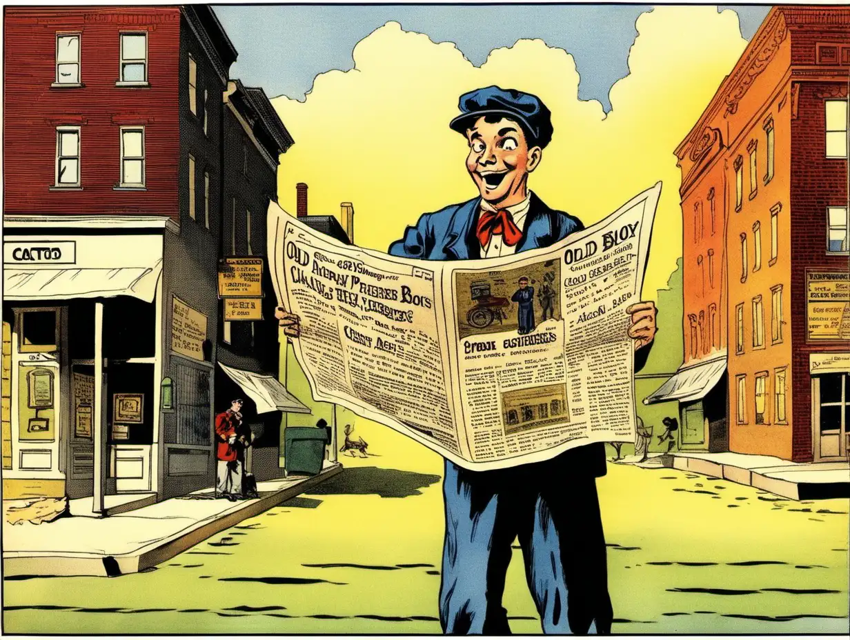 Cheerful Cartoon Newspaper Boy Welcoming Customers with Vibrant Colors