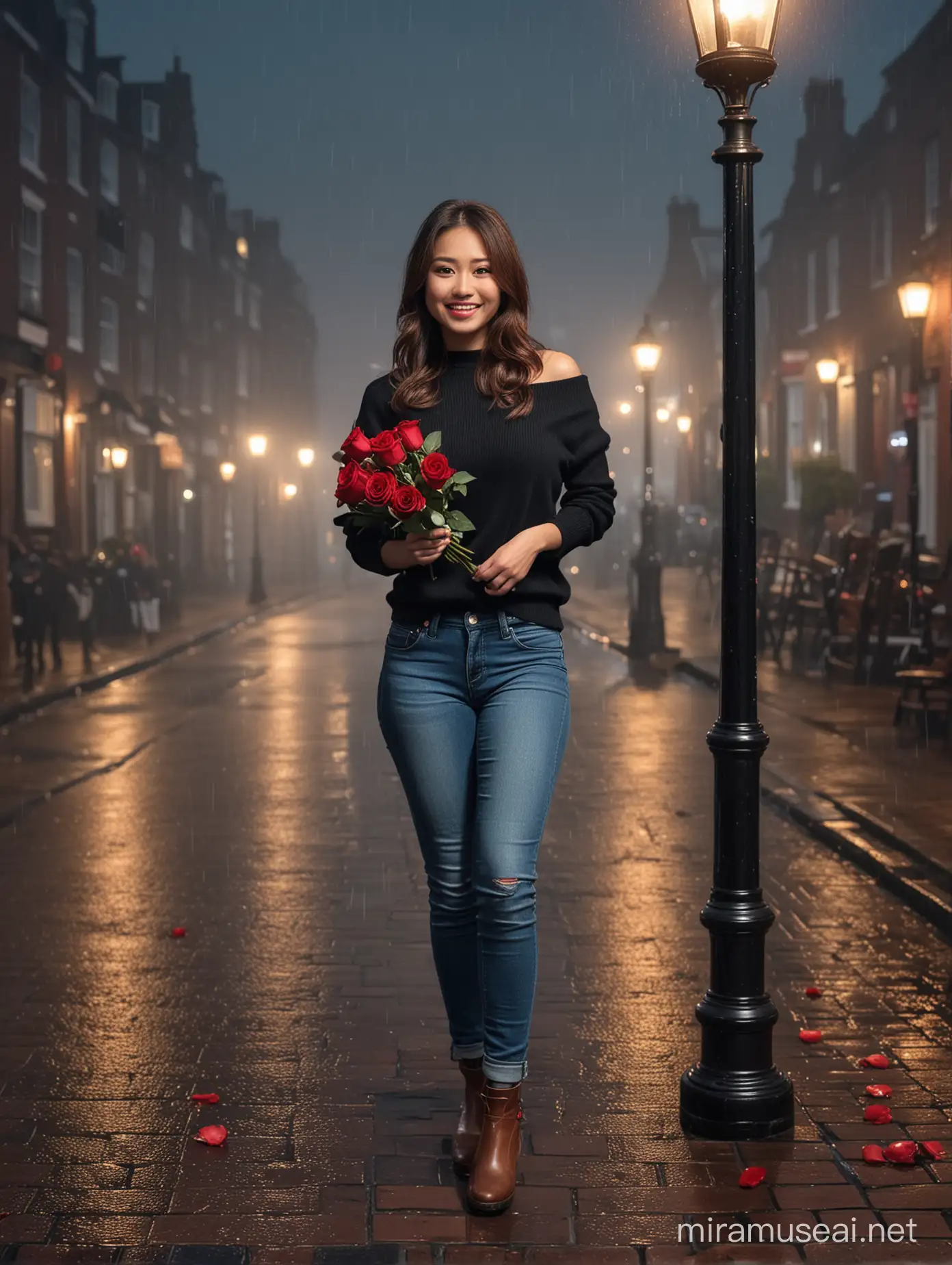 asian womans 35 year old, hair brown, use a black sweater, use phant blue jeans, use shoe boot brown, hold red rose , dynamic pose, smile face
background, england city at night, rain, foggy, cinematic, lamp a town