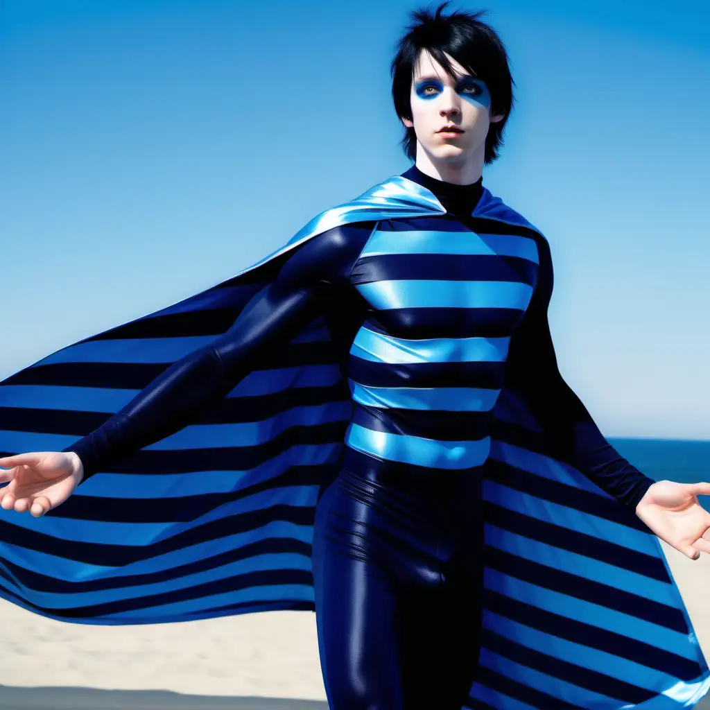 lean young man, very pale skin, black emo hair, glowing blue eyes make-up, navy blue pacific blue skintight horizontal striped costume, navy blue pacific blue horizontal striped cape, blue energy hands, flying in New Jersey sky, day