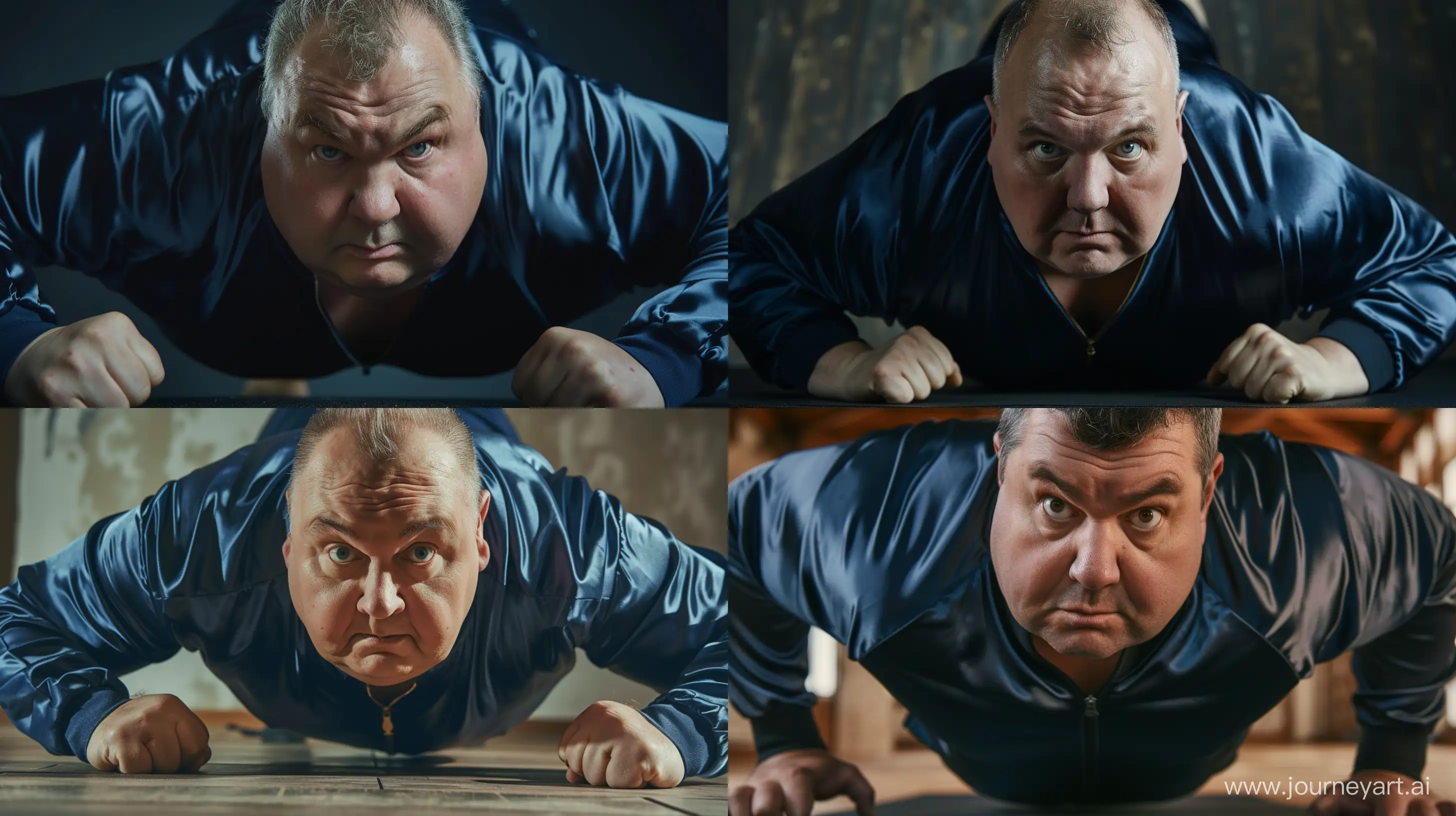 Front view close-up photo of a fat man aged 60 wearing silk navy tracksuit. Doing push-ups. --style raw --ar 16:9