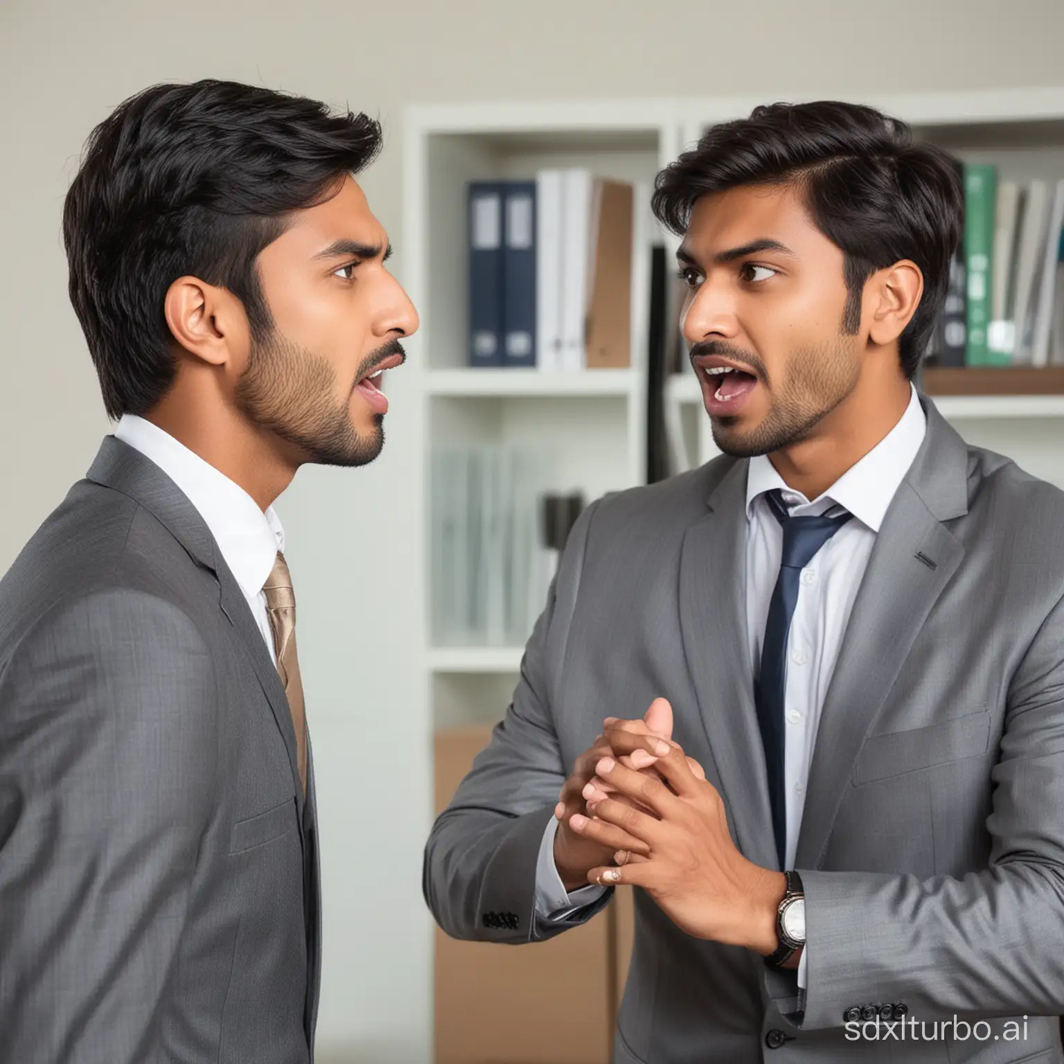 an Indian handsome Business man and a handsome man quarreling in an office