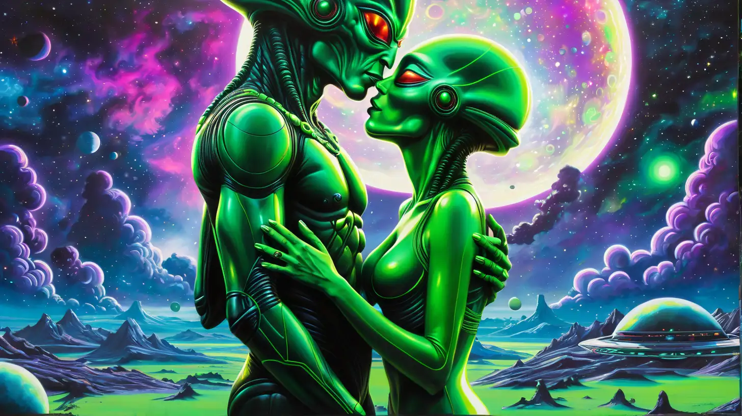 Alien graffiti masterpiece, lunar landscape backdrop, extraterrestrial couple, female and male aliens, extraterrestrial love, holding hands, hugging kissing, and smoking joints. Cosmic motifs, vibrant neon green hues, intelligently blended, richly saturated tones, star-studded sky, celestial bodies, nebulas, and spacecraft, cosmos-driven, intricate graffiti technique, futuristic design, digital artwork, high-resolution output, dynamic arrangement, urban street art feel, luminous highlights, intergalactic ambiance.