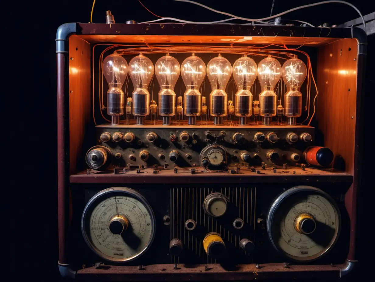 The interior of an old gigantic radio with no cover, we see  tubes, resistors, transformers and huge old capacitors. It's lit up by streams of high current discharging and throwing sparks. 