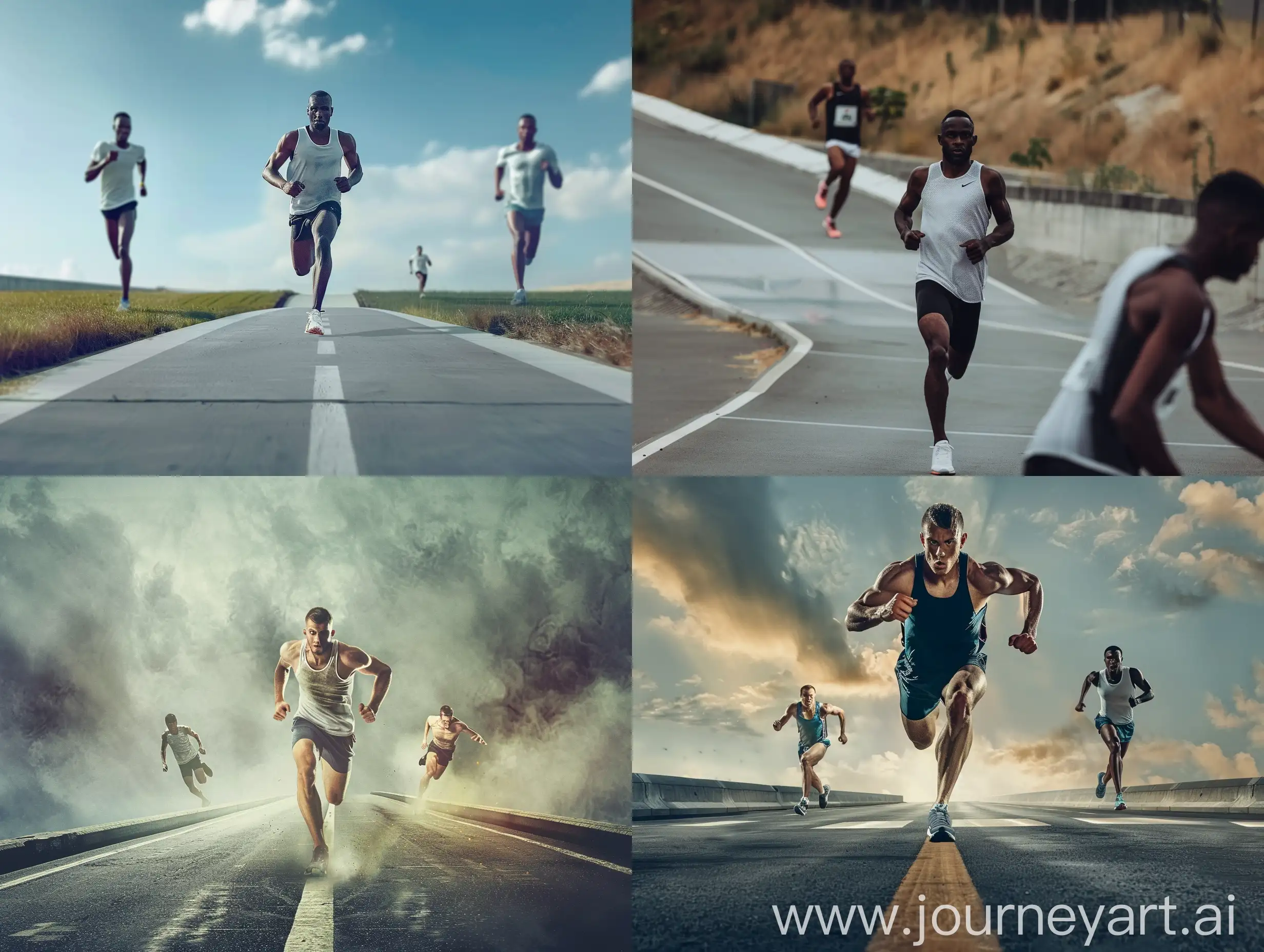 a runner running losing race, he is center of the frame, he is looking at the front, he is on the last, on his front there are two players are running, realistic, real race, wide angle, road ramp, full body