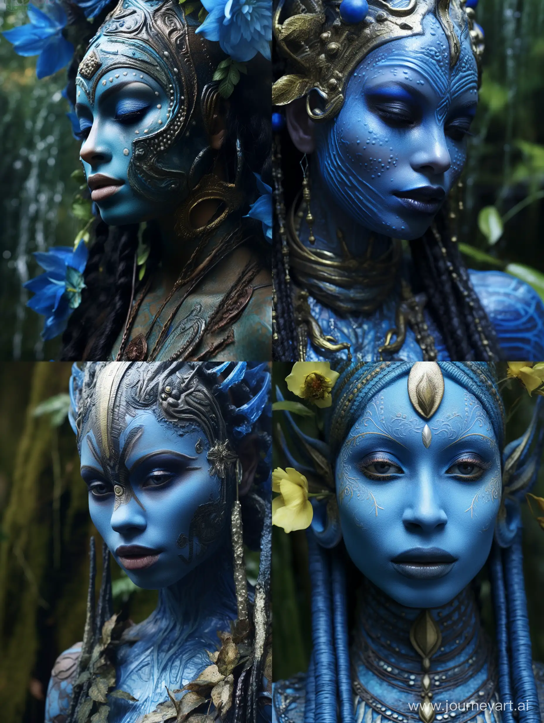 extreme closeup woman with blue hair and flowers in her hair, luminous water elemental, photoreal render, detailed humanoid, golden bodypaint, movie still of the alien girl, by Kanō Naizen, portrait of a female druid, hindu, ultra sharp, high contrast, realistic, highly detailed, photorealism, 32k.