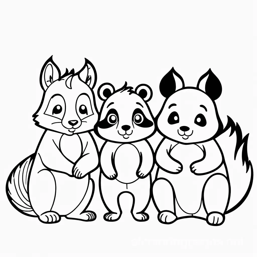 Cute Squirrel,fox and panda as friends
, Coloring Page, black and white, line art, white background, Simplicity, Ample White Space. The background of the coloring page is plain white to make it easy for young children to color within the lines. The outlines of all the subjects are easy to distinguish, making it simple for kids to color without too much difficulty