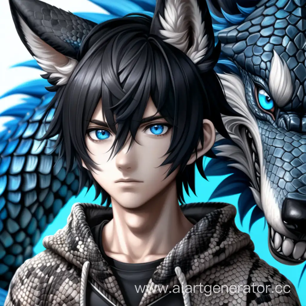 Аниме чёрноволосый, голубоглазый, мальчик, с волчими ушами, тело покрыто чешуёй рептилии #аниме #realistic #4k 