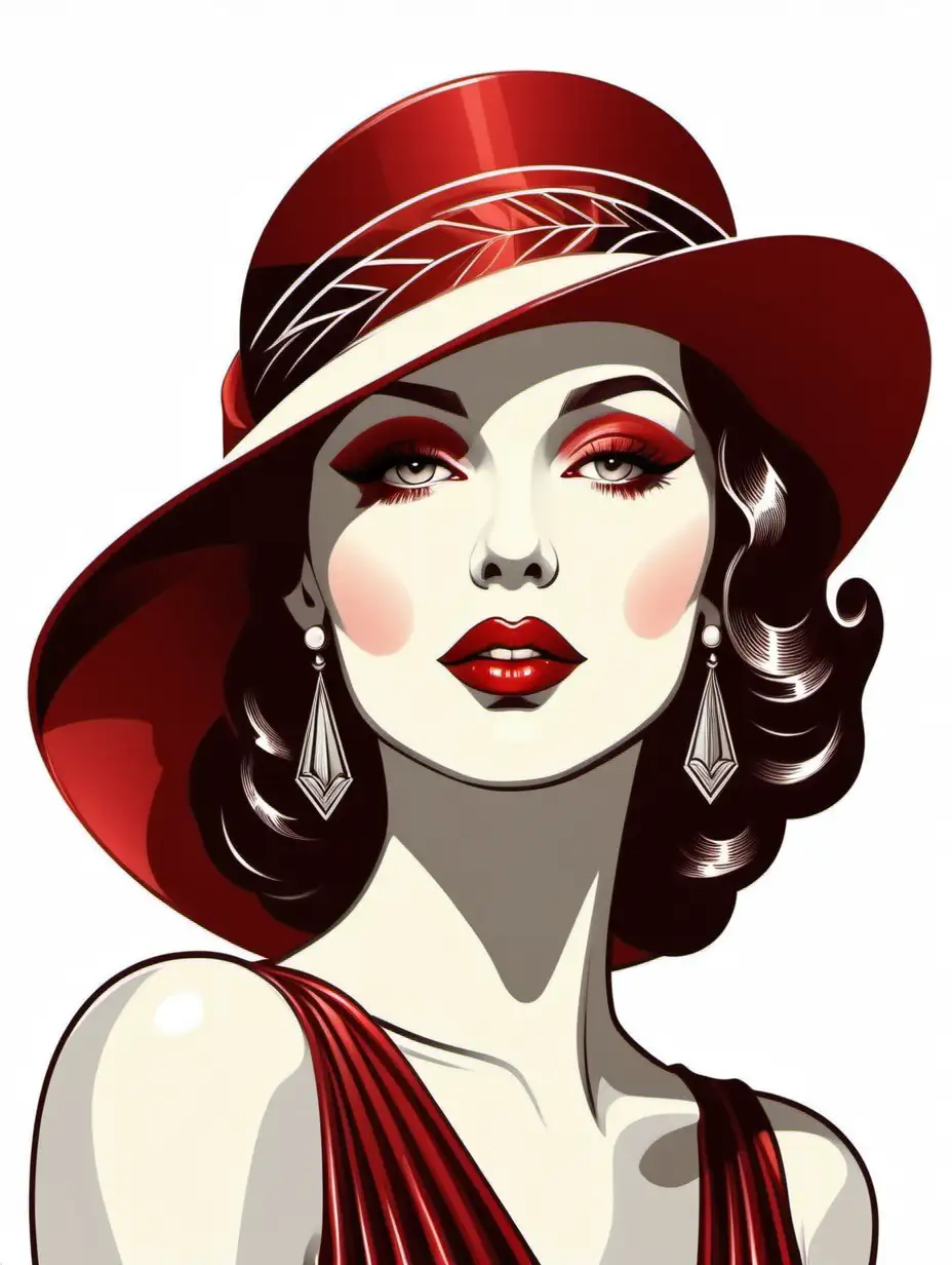 Beautiful female portrait, ruby red lips, wearing an elegant hat, art deco, solid white background, vector 