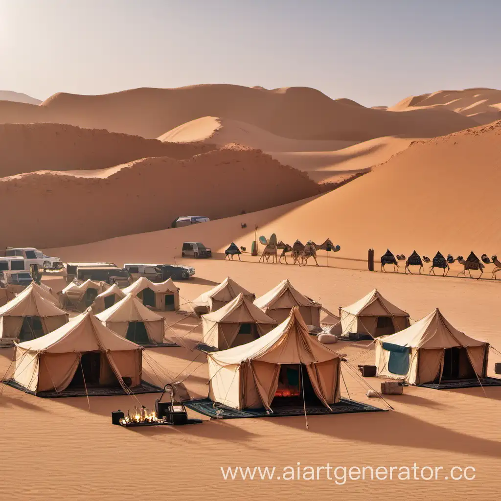 camp in the desert around the oasis
