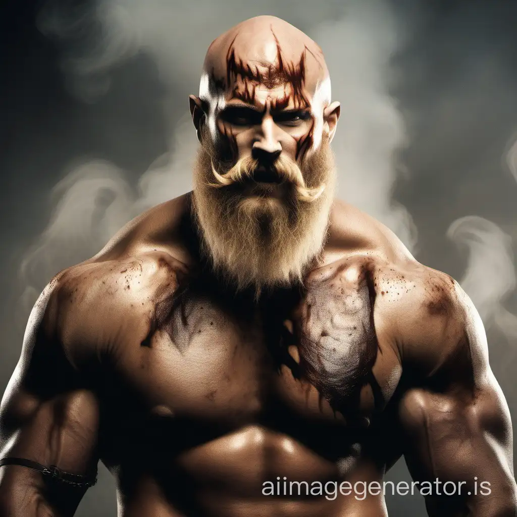 fantasy athletic barbarian bald head with blond full beard burn scars over the body