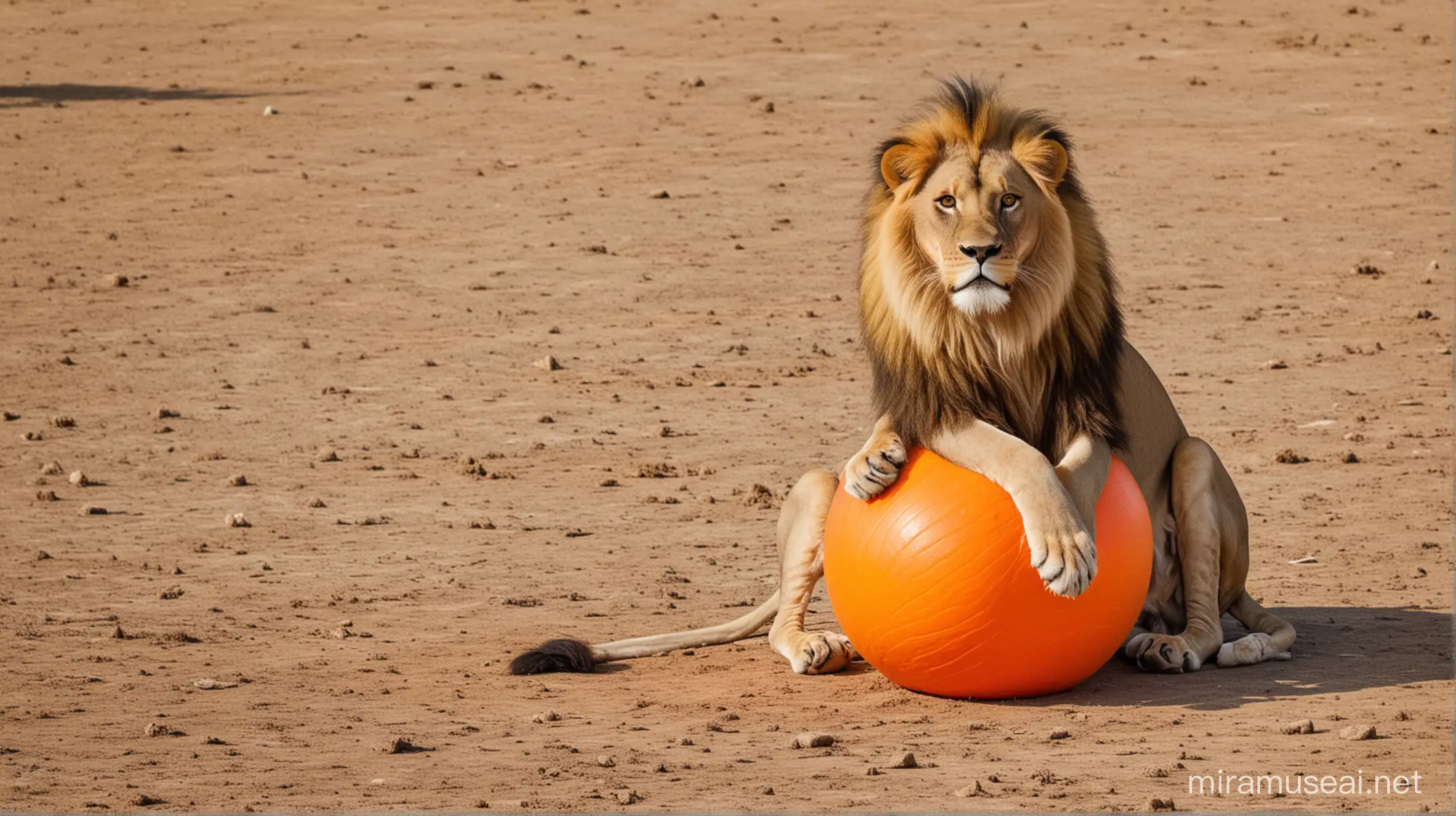 lion sitting on an orange ball