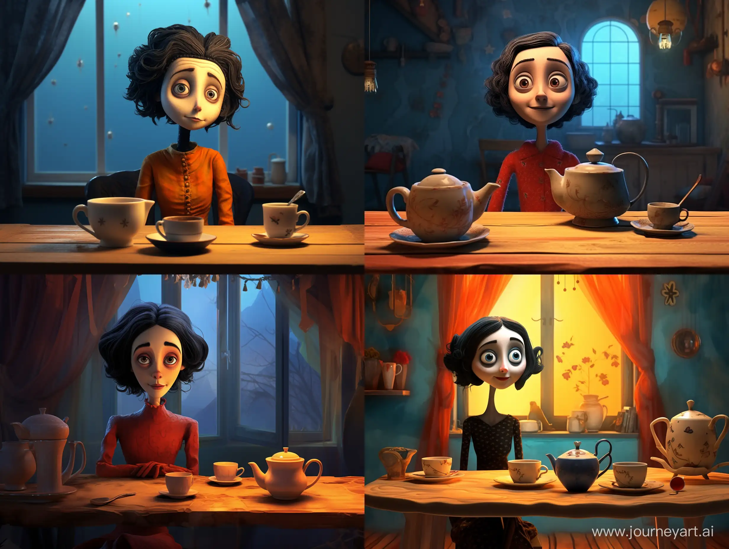 The second mother from the cartoon Coraline sits at the table and drinks tea
