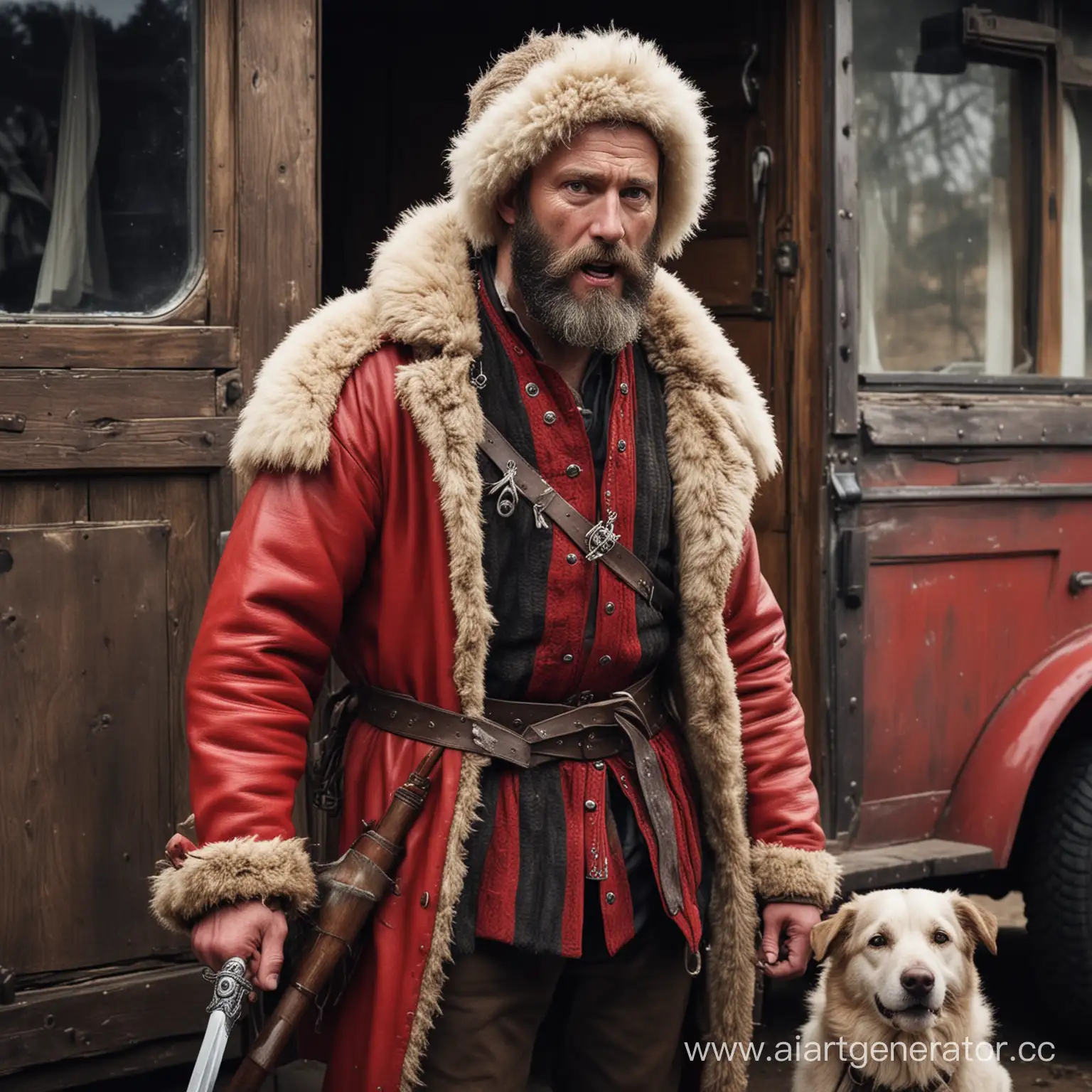 Medieval-Oprichnik-Warrior-in-Sheepskin-Coat-by-Red-Mercedes