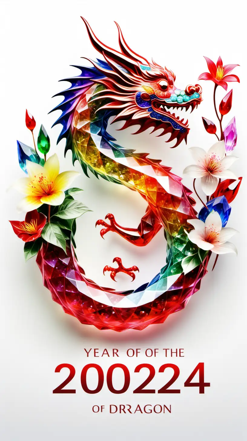 year of the dragon, 2024, colourful crystal, with flowers and a white background