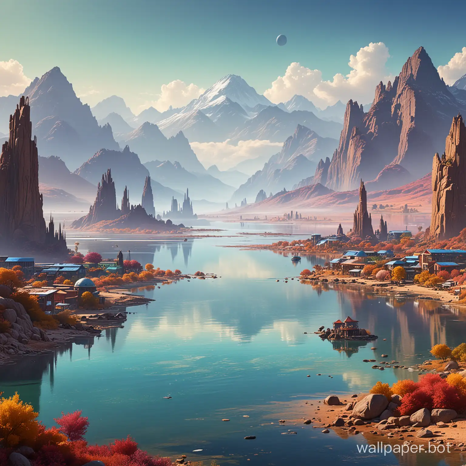 a vista with mountains in background, large area of water to front ,an alien city by lakeside, vibrant colours