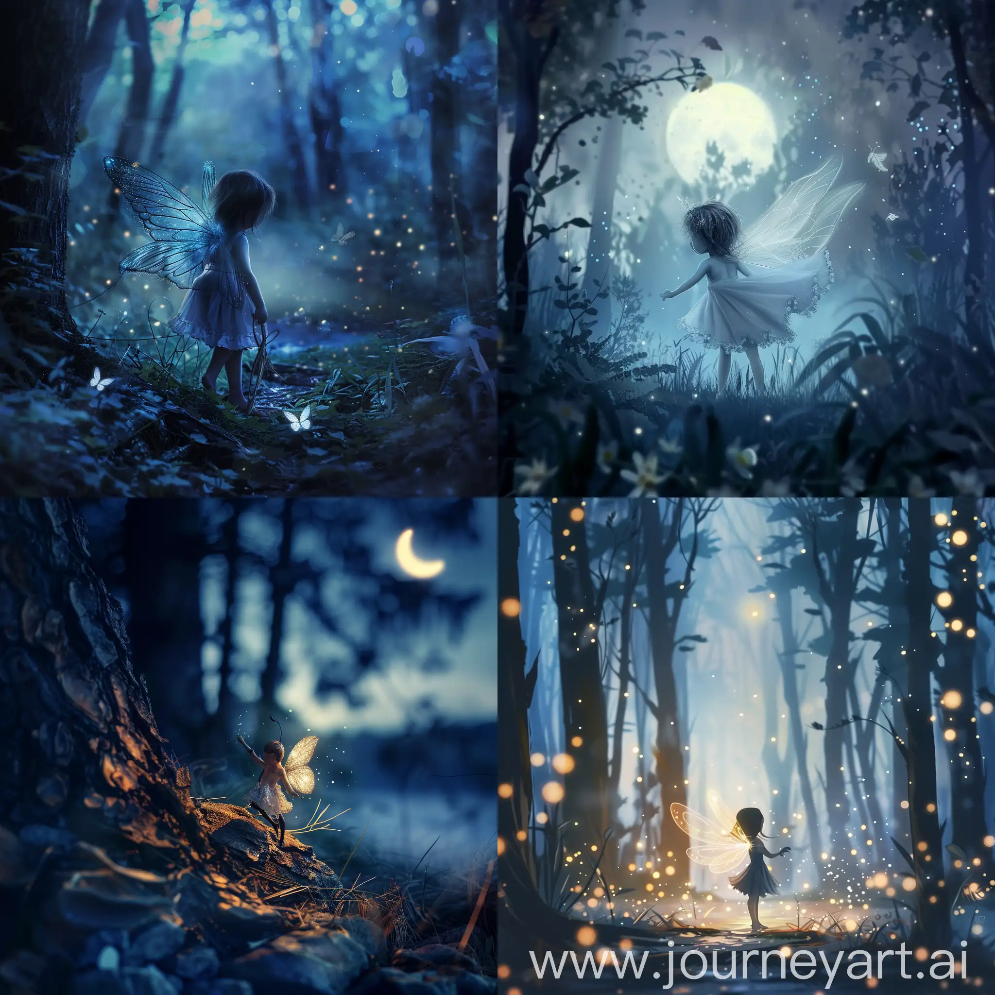 маленькая фея с крылышками в ночном лесу