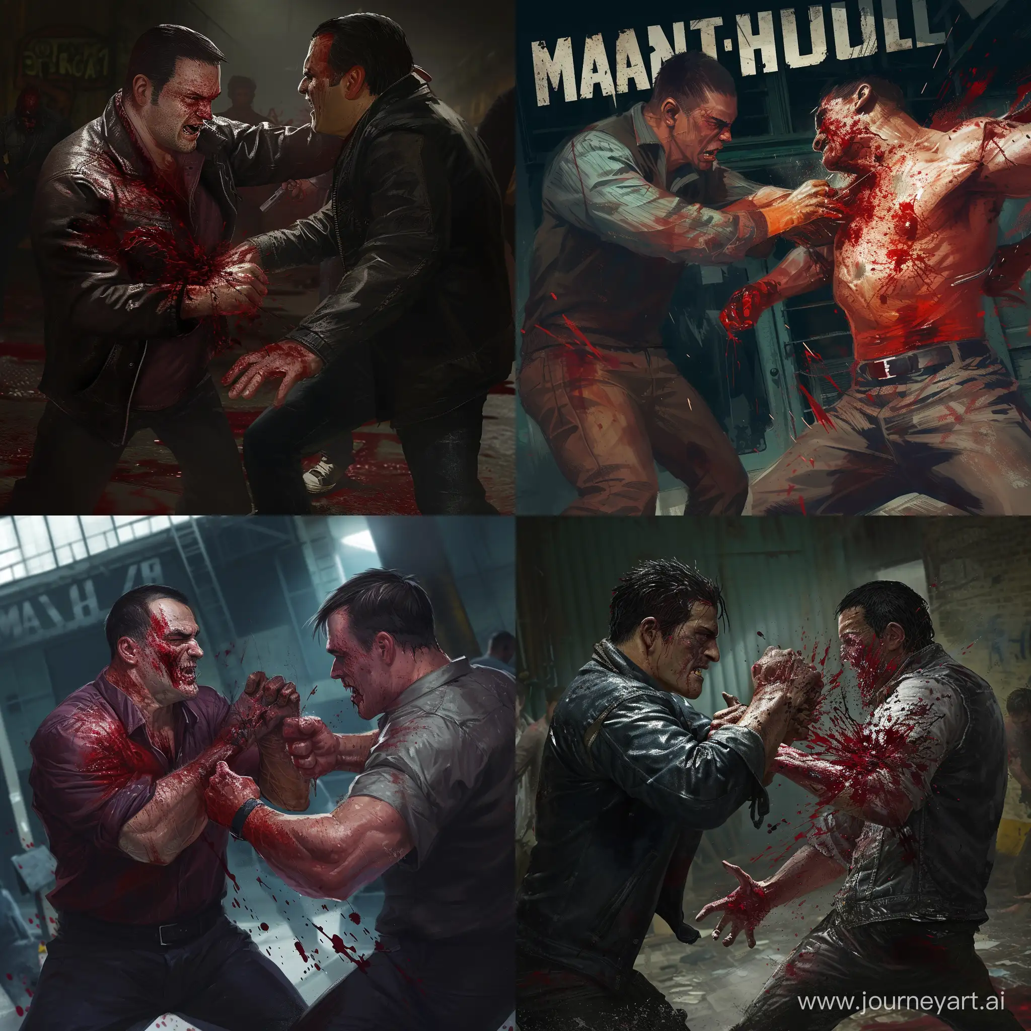 Act as a character designer for a game from Rockstar Games, specifically, "Manhunt". Create a character that embodies the dark and gritty atmosphere of the game. The character is engaged in a brutal fight with a gang member, their bodies covered in blood. Pay attention to the details that capture the essence of the game, such as the character's appearance, attire, and demeanor. Make sure the prompt sets the stage for ChatGPT to generate a response that maintains the same intense and visceral tone, reflecting the violent and suspenseful nature of "Manhunt."