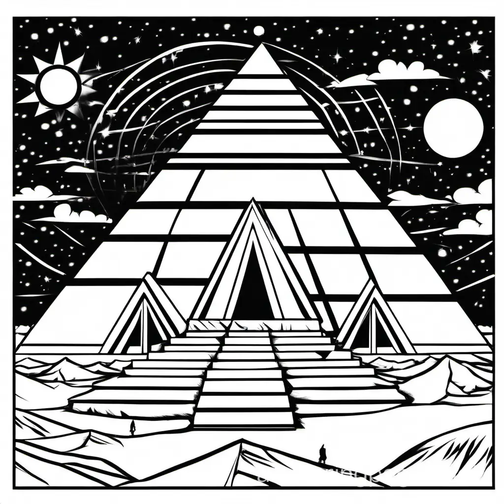 Orion’s Belt Gaza plateau three pyramids Egyptian maat, Coloring Page, black and white, line art, white background, Simplicity, Ample White Space. The background of the coloring page is plain white to make it easy for young children to color within the lines. The outlines of all the subjects are easy to distinguish, making it simple for kids to color without too much difficulty