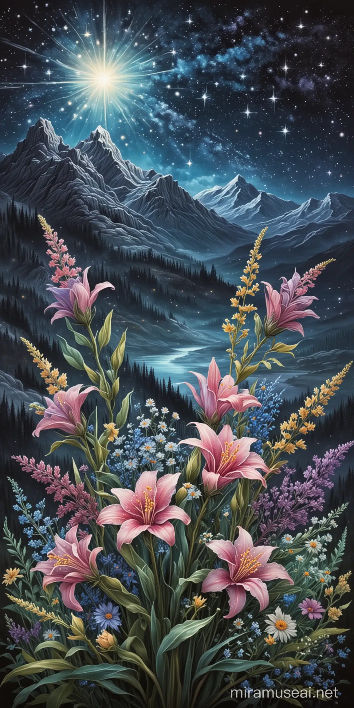 bouquet de fleurs dessin aux pastels image décors cartes art divinatoire art pastels montagne en fond ciel de nuit étoiles brillantes