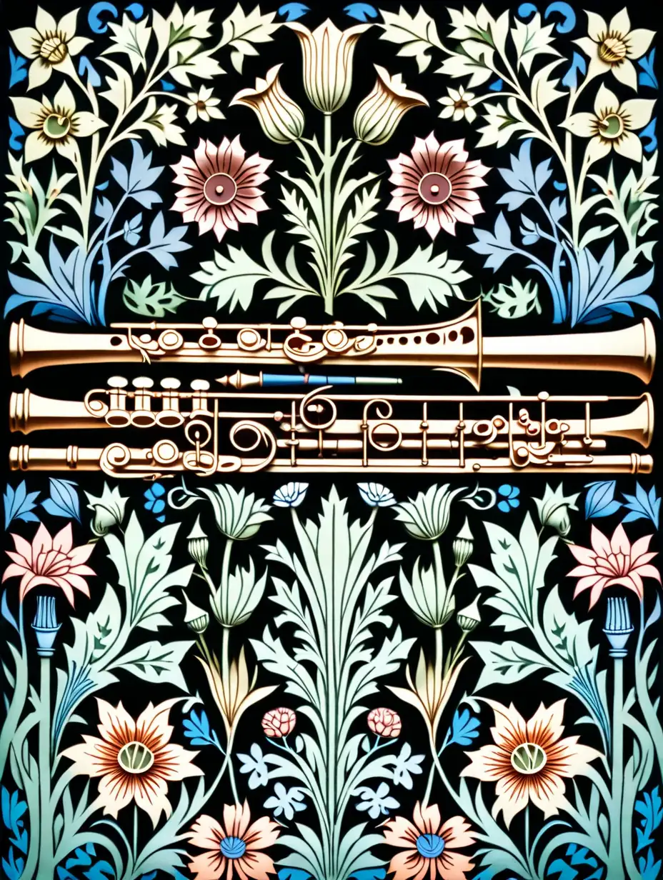 剪紙的管弦和長笛樂器,在春天演奏,威廉·莫里斯的花卉,浪漫的顏色