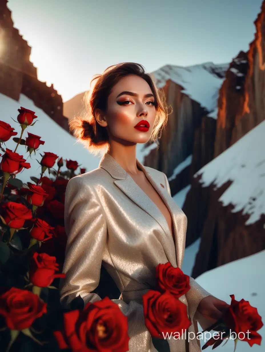 portrait sharp wide shot photography of an Instagram model, 35mm, surrounded by red roses, wearing haute couture, red lips, natural makeup, glowing skin, Snow cliffs in the background, golden hour lighting, excellent visual focus on the face, eyes and clothing through the processing of light and textures of the fabric, surreal nature --c100 --s 80 --w 35
