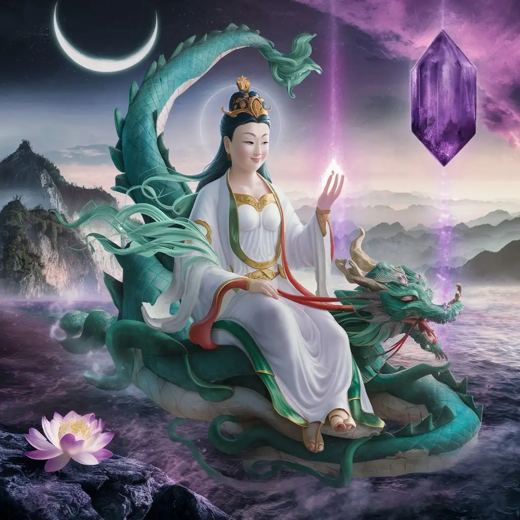 Merciful Guanyin on Ancient Green Dragon Amidst Cosmic China | MUSE AI