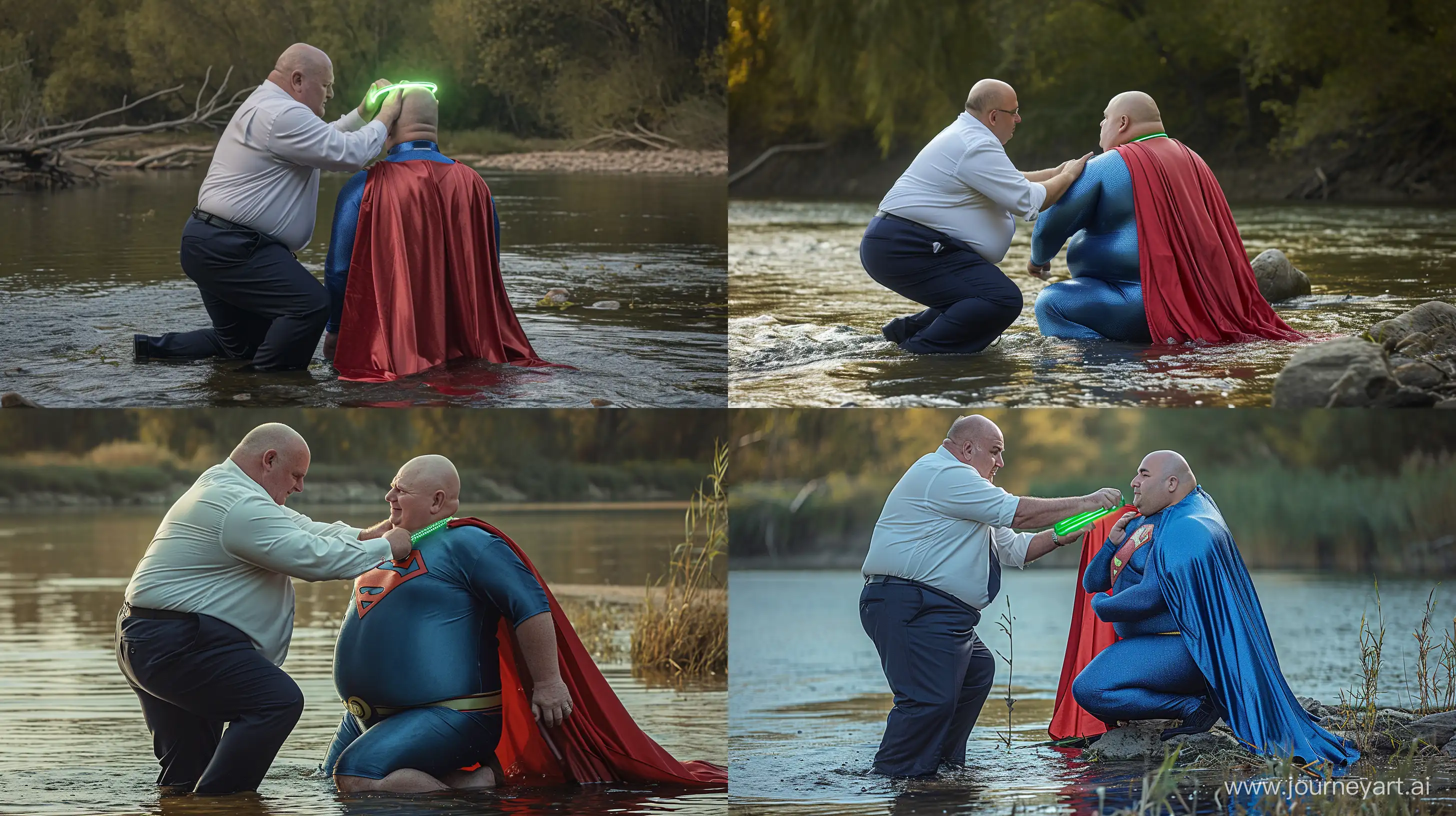 Back view photo of a chubby man aged 60 wearing silky navy business pants and a white shirt, kneeling and tightening a green glowing small short dog collar on the nape of another chubby man aged 60 sitting in the water and wearing a tight blue silky superman costume with a large red cape. River. Outside. Natural light. Bald. Clean Shaven. --style raw --ar 16:9 --v 6