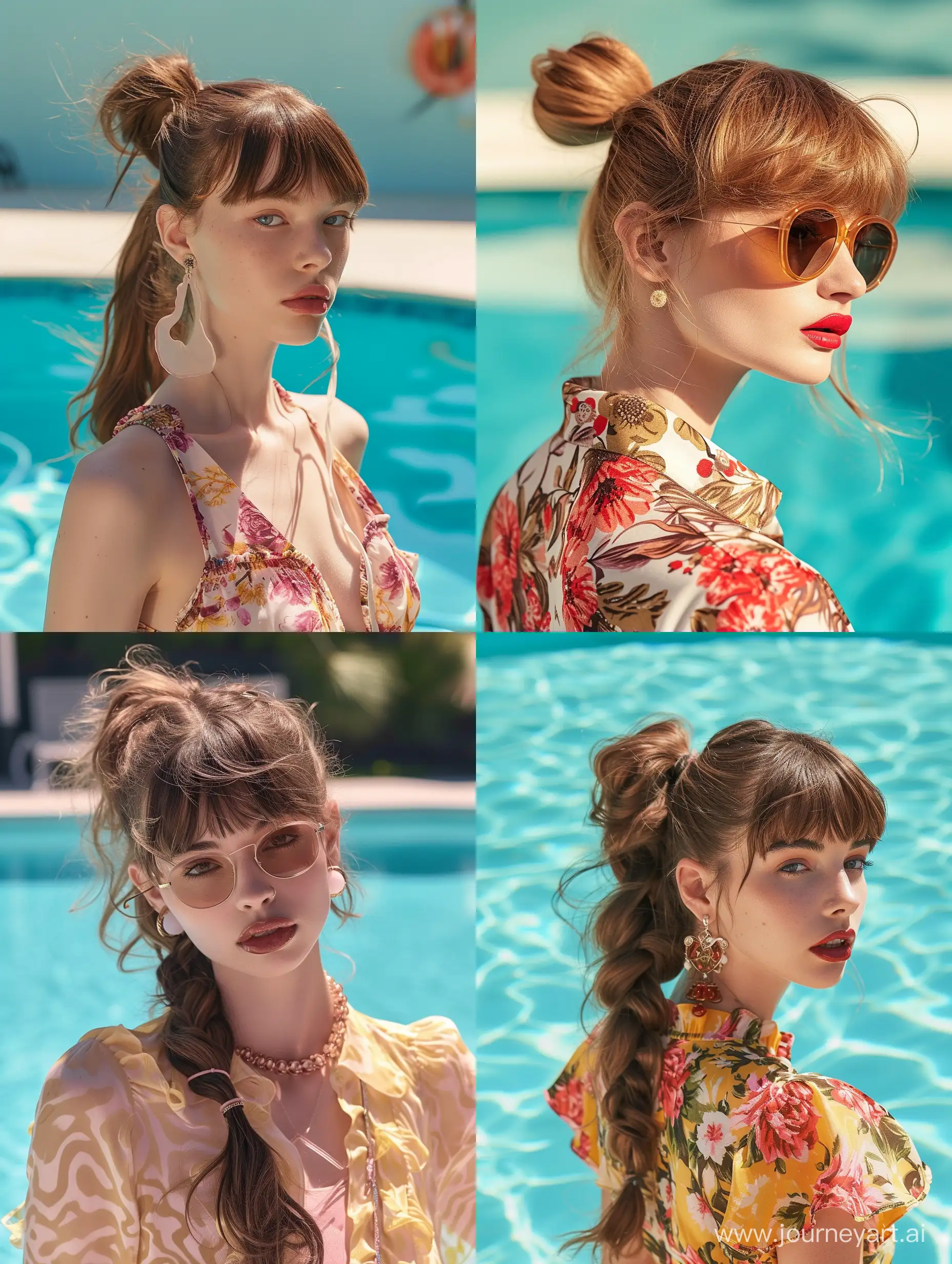 Lady, having a fashion show by the pool, Chic Spring Ponytail Hairstyles with Bangs 2024