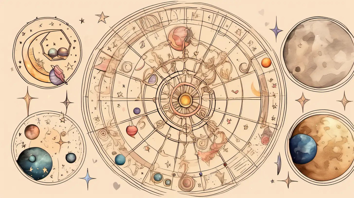 astrological wheel with love letter clipart ,, loose lines, muted colors,  , mercury, moon, planets, 